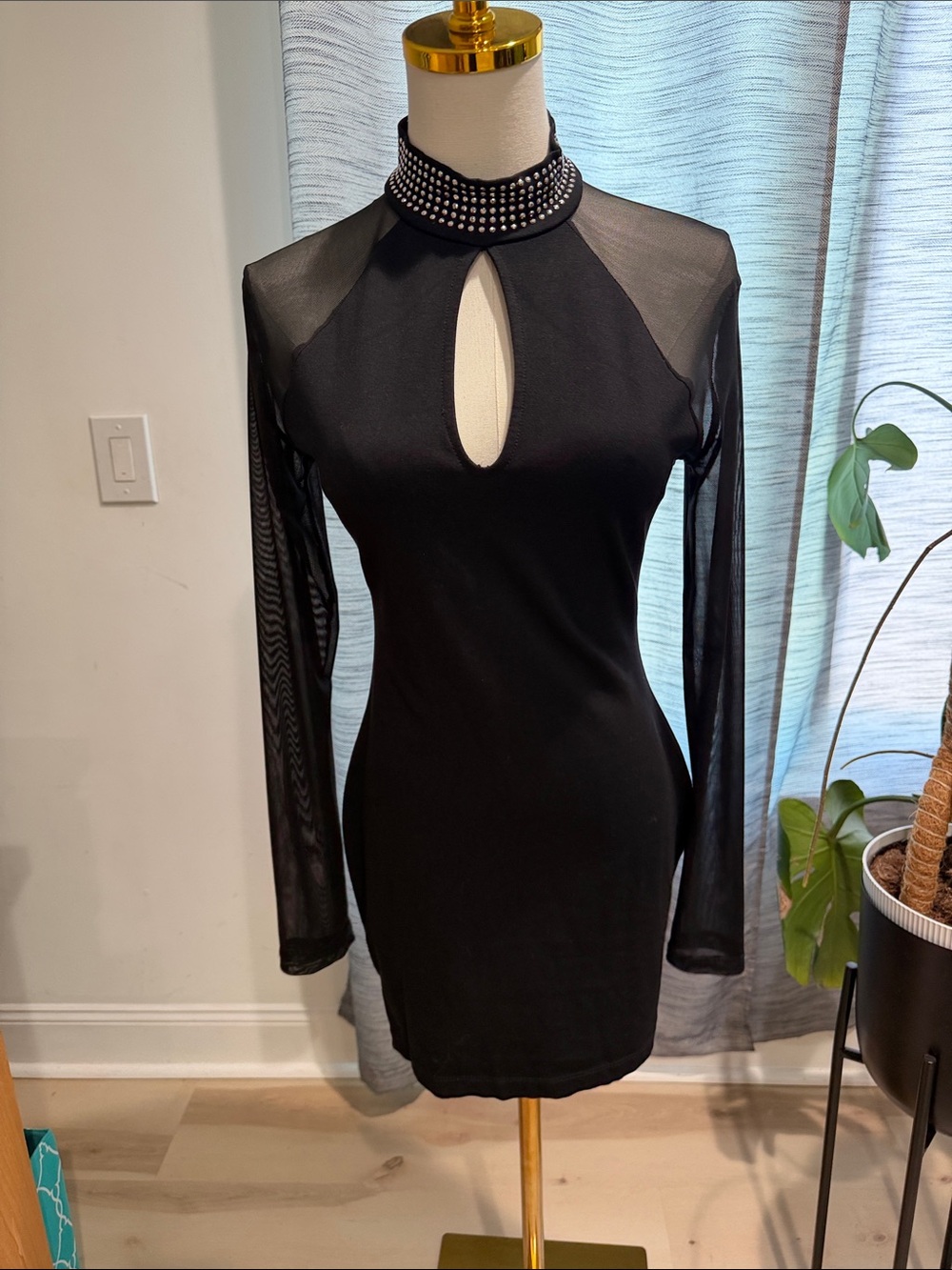 Windsor Black Mesh-Sleeve Mini Dress with Jeweled Collar